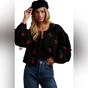 Farm Rio Black Crochet Cherry Sweater/Cardigan